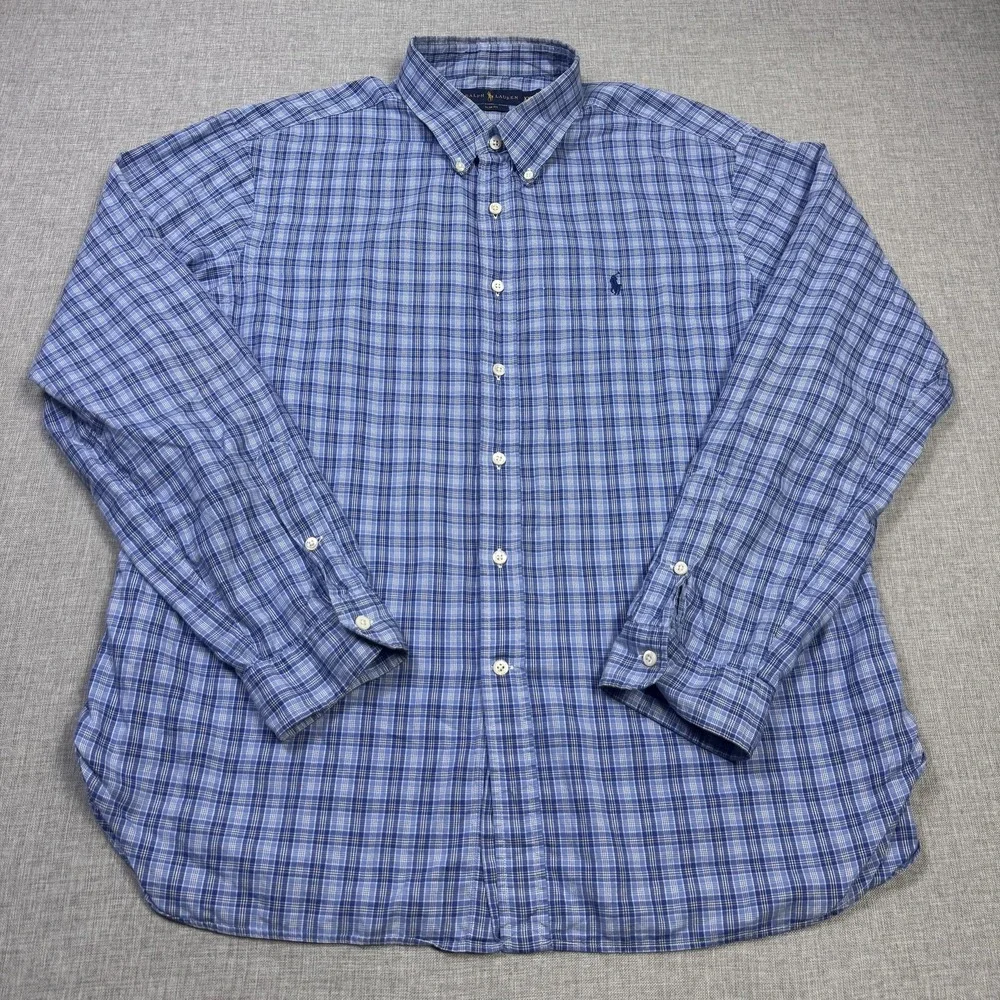 Ralph Lauren Slim Fit Button-Down Shirt Mens 2XL Blue Plaid Cotton Long Sleeve